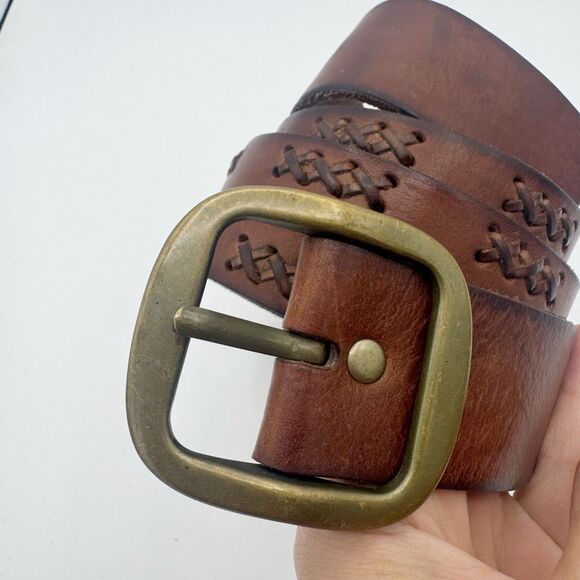Vintage Y2K American Eagle Brown Woven Leather Belt Brass D Buckle Women Medium - Picture 7 of 7